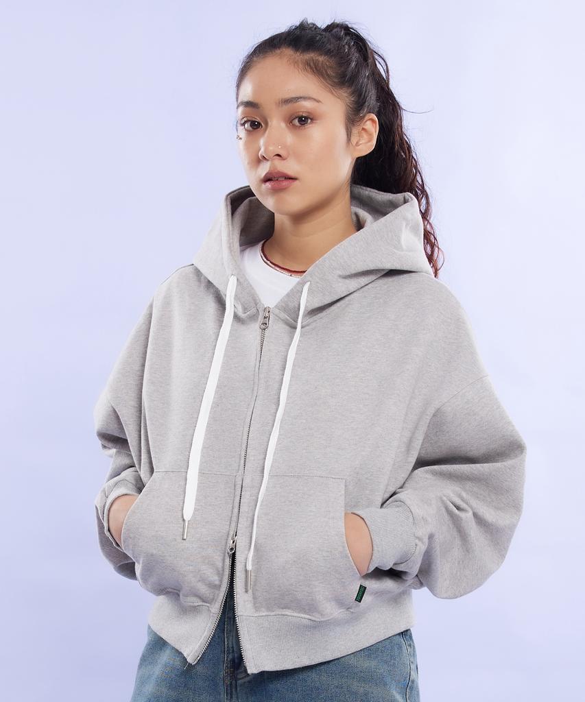 Cream Soda Lab Plain All Season Two-Way Crop Zip-Up Hoodie Gray