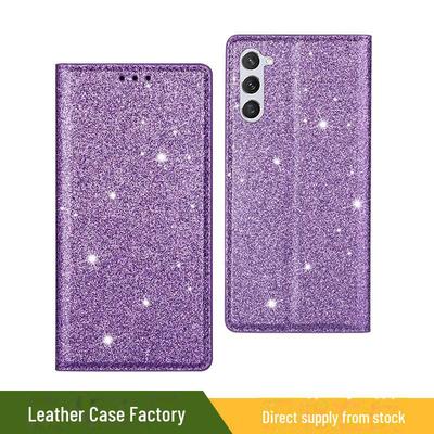 Capa de couro com flip magnético e suporte de cor sólida com glitter para Samsung S24/S23 - Compatível com modelos A54/A14.