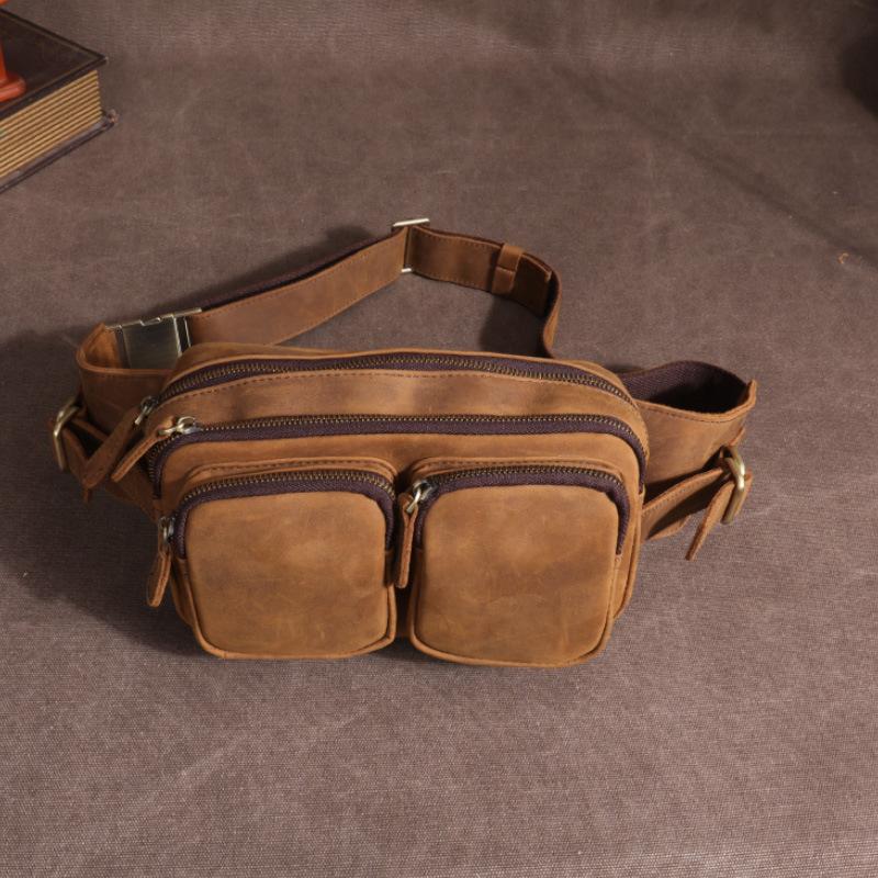 Marsupio Casual in Pelle, Portafoglio da Cassa da Uomo, Marsupio in Pelle di Vacchetta di Primo Strato, Borsa da Petto da Uomo, Borsa per Telefono in Pelle Crazy Horse