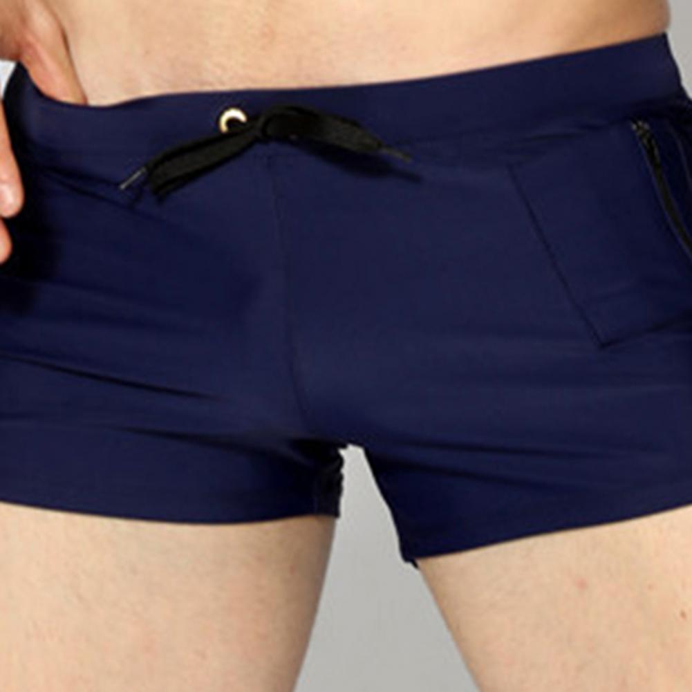 Men Swimming Everyday Shorts Drawstring Elastic Waist Zipepr Pockets Quick Dry Slim Fit Single Color U Convex Mid Waist Bathing Boxers Sur