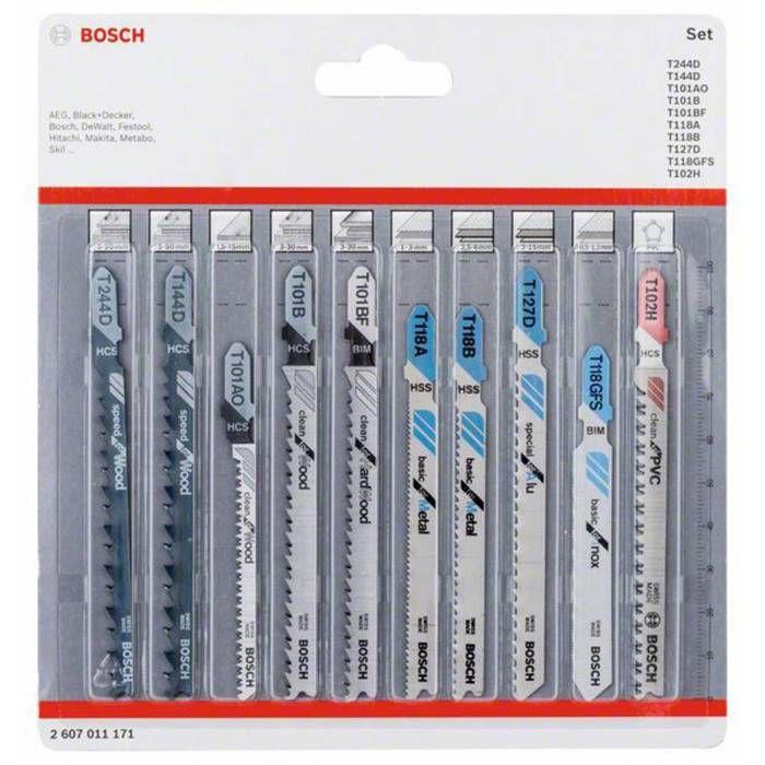 Jeu de lames de scie sauteuse - Bosch - All in One - 10 lames - Bois, métal, PVC - Couleurs gris