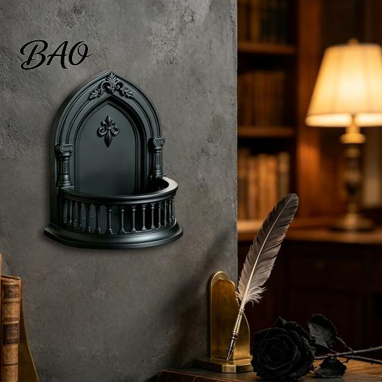 Gothic Bedroom Decor Wall Shelf, Vintage Floating Shelf for And Living Room, Matte Black Pointed Arch Decorative Wall-Mounted Display Rack with