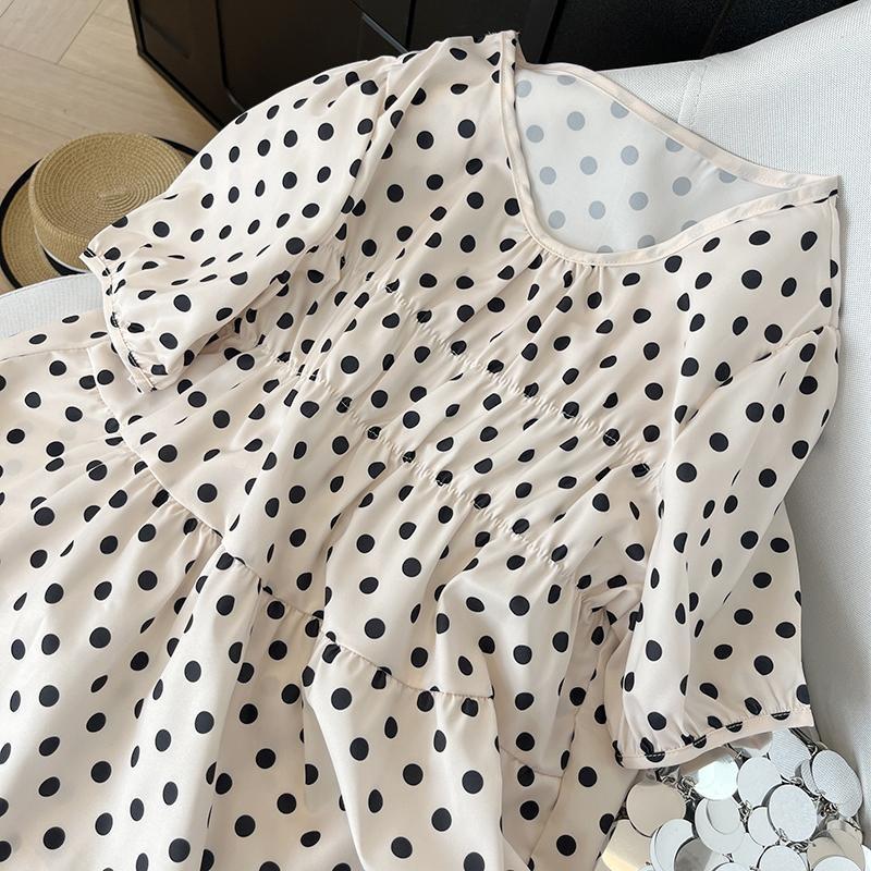 2025 new product super good-looking bubble sleeves casual top women's retro temperament small fragrant wave dot short sleeves