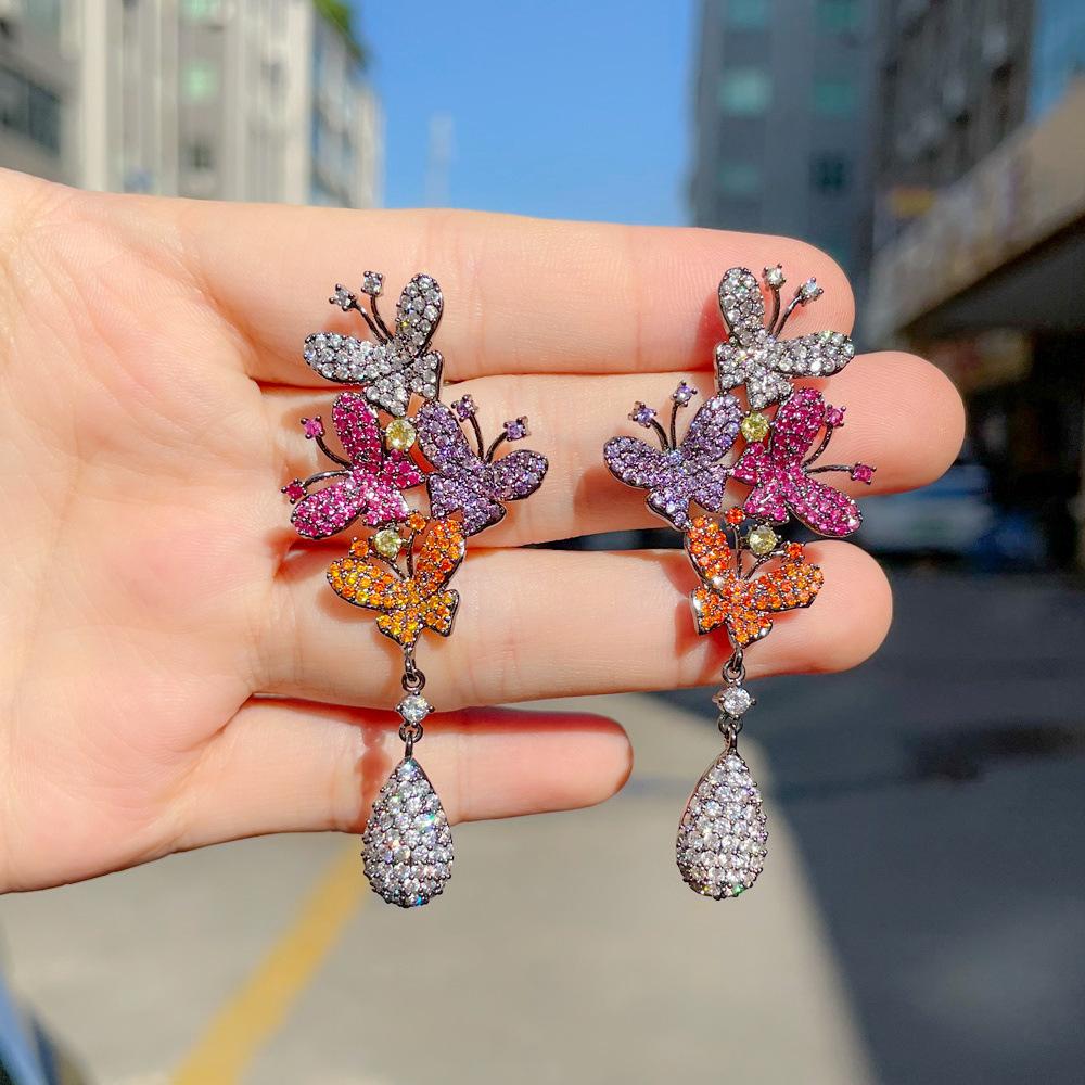 Elegant Temperament French Court Style Heavy Industry Colored Zircon Butterfly Earrings, Personalized Insect Retro Earrings