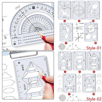 8PCS/Set Geometric Drawing Ruler Multi-function Plastic Mathematics Function Ruler Stationery Learning Measuring Tool