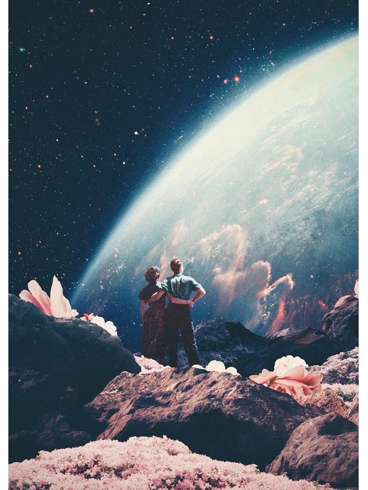 Vinatge Space Collage Night Sky Posters Canvas Painting Galaxy Moon Surrealism Wall Art Picture For Living Room Home Decoration