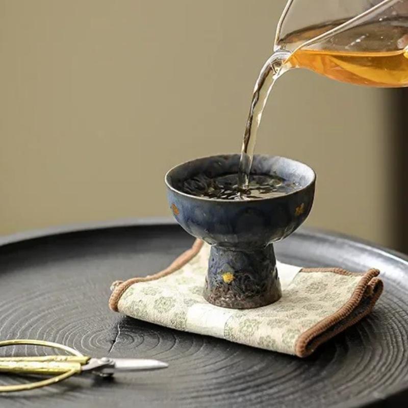 Peacock Blue High Footed Tea Cup, Personal Cup, Retro Bronze Color, Small Capacity Household Kung Fu Tea Set, Tea Cup