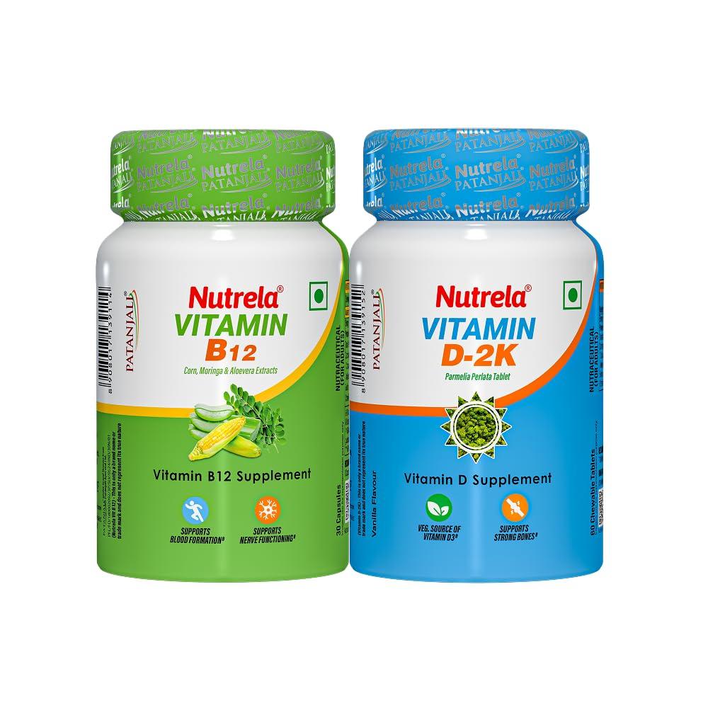 Nutrela Combo Vitamin B12 30 Kapseln & D2K 60 Kapseln 2er-Pack für Energie & kognitive Unterstützung