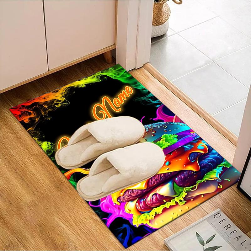 1PC Custom Name Neon Burger Delight Theme Floor Mat Ideal for Living Room, Game Rooms, Office, Bedroom, Floor Mat Playful Design