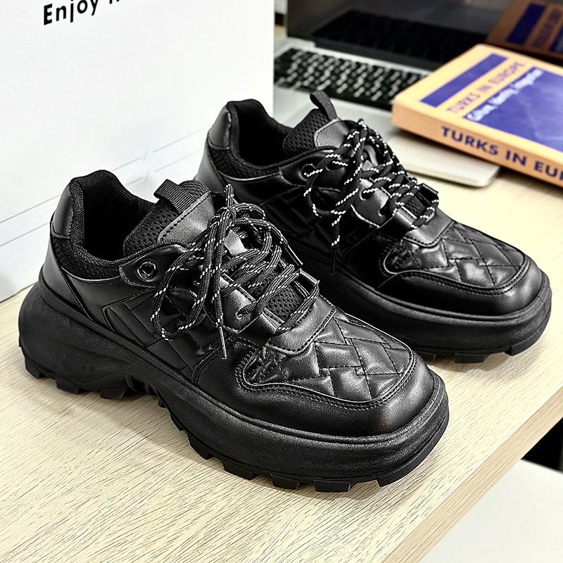 2025 Spring New Leather Shoes Men Hong Kong Style Low-Top Fashion Trend Casual Shoes Comfortable Versatile Platform Sneakers