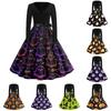 Women's Casual Halloween Print V Neck Vintage Dress Long Sleeve Retro Style Midi Dress with Waist Tie for Seasonal Wear
