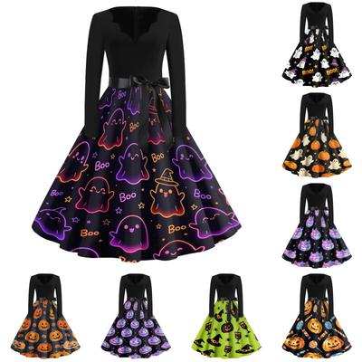 Women's Casual Halloween Print V Neck Vintage Dress Long Sleeve Retro Style Midi Dress with Waist Tie for Seasonal Wear