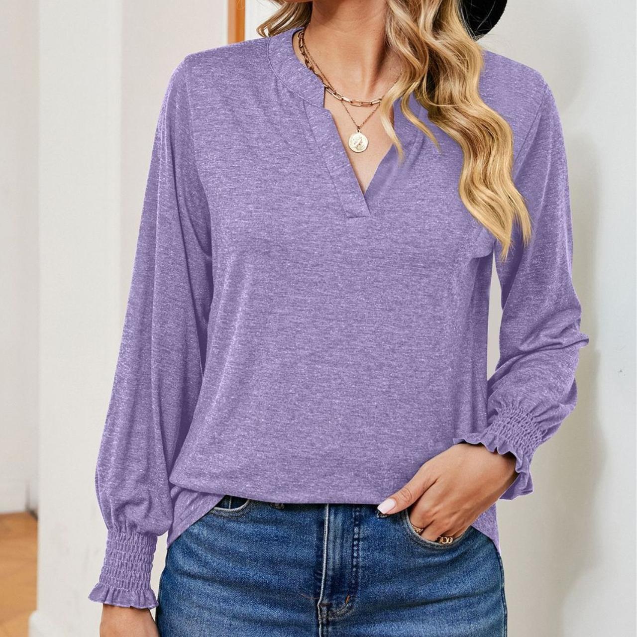 BITCED Осень/зима однотонная свободная повседневная футболка с v-образным вырезом — фото 5