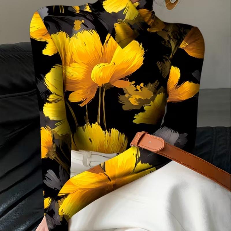 Women's Elegant Yellow Flower Long Sleeve Shirt - Half Turtle Neck T-Shirt Top, Micro Stretch - Versatile Shirt for All Seasons