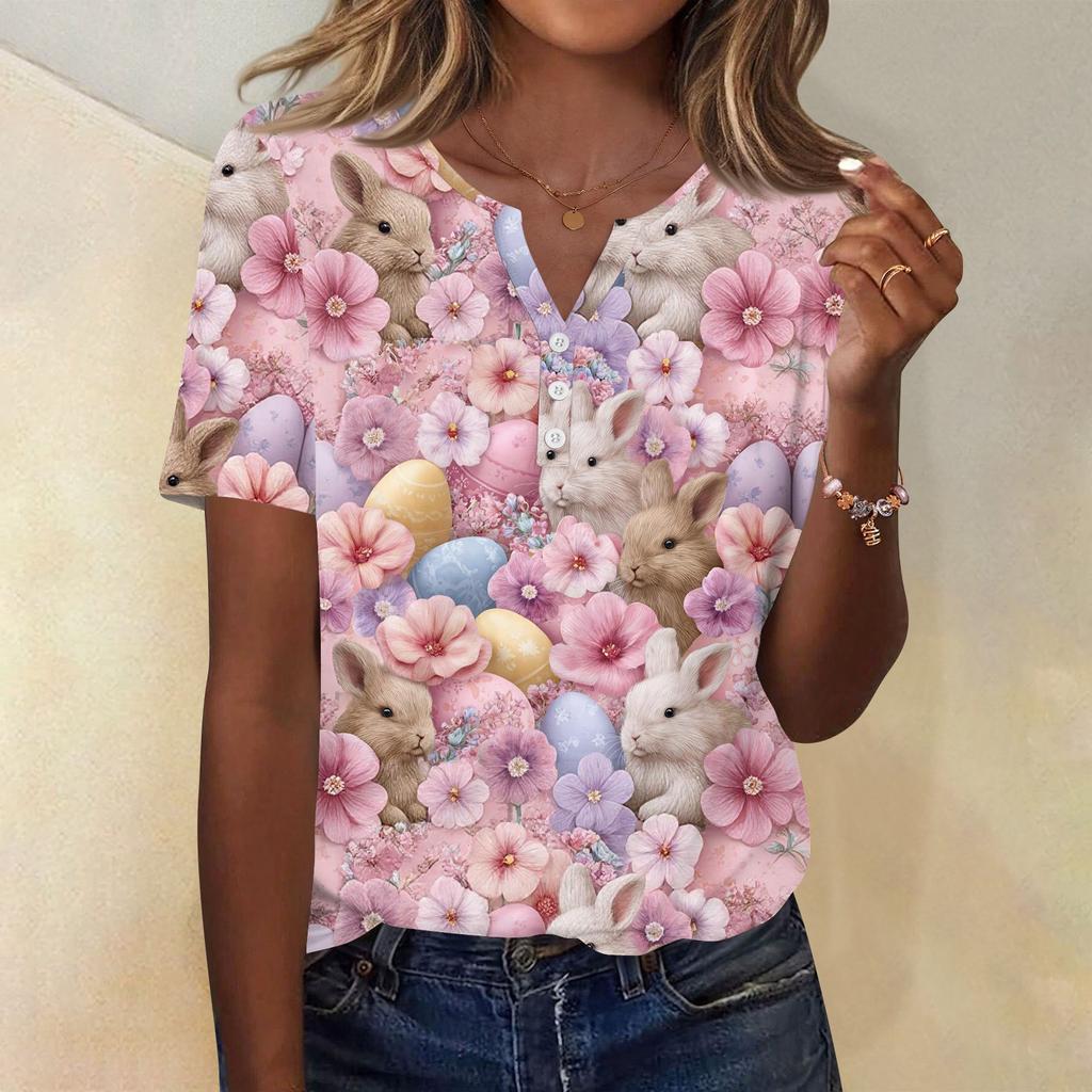 Damen T-Shirt mit Aufdruck und Knopfleiste, kurzärmelig, für den Alltag, Wochenendmode, Basic, V-Ausschnitt, normales Oberteil