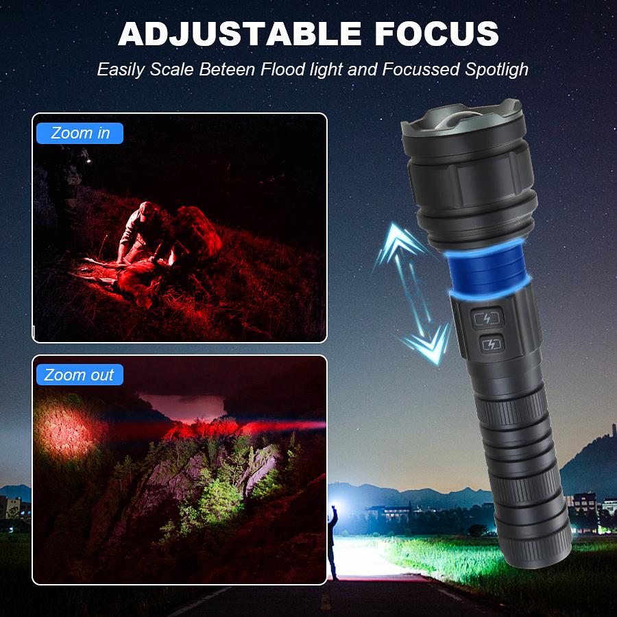 9900LM Powerul White Laser LED Flashlight 21700 Battery USB Charging Al Alloy Zoom Tactical Torch Outdoor Camping Hiking Lamp