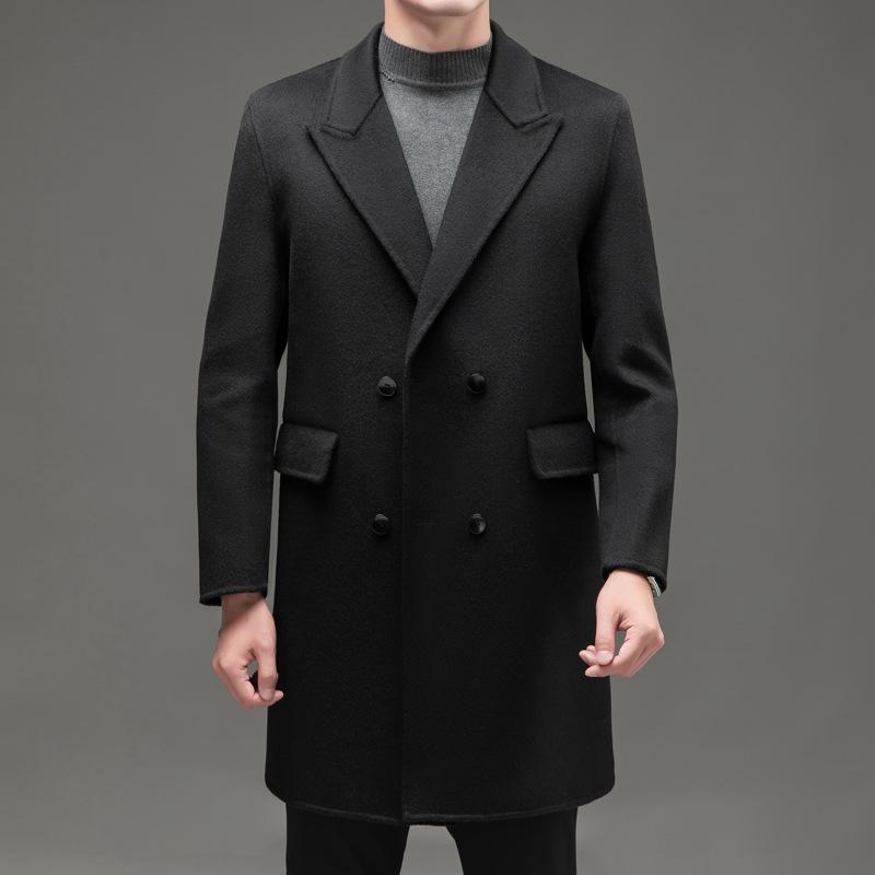 

Длинное двубортное пальто из чистой шерсти для осени и зимы, новая модель с воротником-лацкан, двухстороннее пальто из нейлоновой шерсти для молодых мужчин и женщин 4XL чёрный