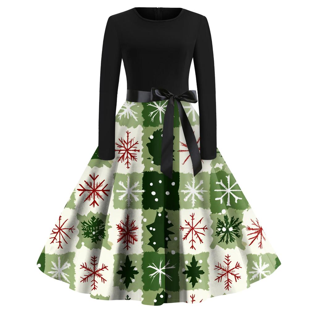Női Divat Kerek Alkalmi Karcsúsított Karácsonyi Mintás Nagy Lengésű Hosszú Ujjú Ruha