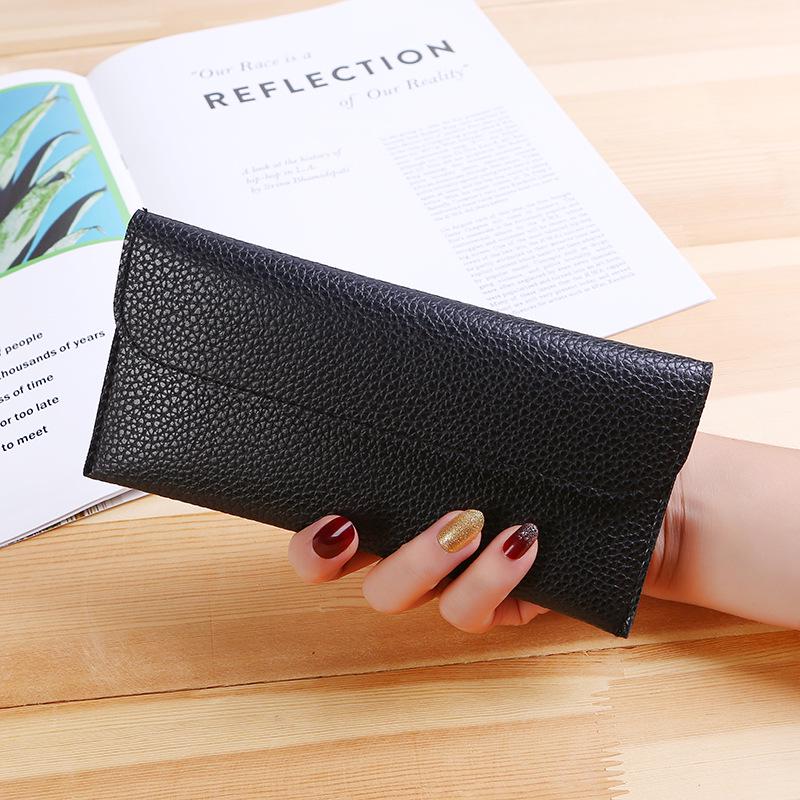 

Новый женский длинный мягкий кожаный кошелек большой емкости с узором личи - в японском и корейском стиле чёрный