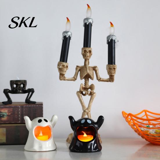 Halloween Window Decor Ghost Candle Holder with LED Candle, Cute Tea Light Battery Operated Holder, Spooky Tabletop Decoration for Indoor Home Decor,