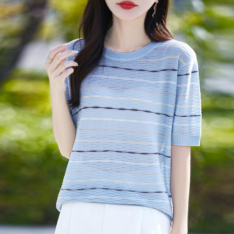 

Летняя футболка с коротким рукавом для женщин, новая модная жаккардовая футболка, чтобы они выглядели стройными и свободными, топ, закрывающий живот XL