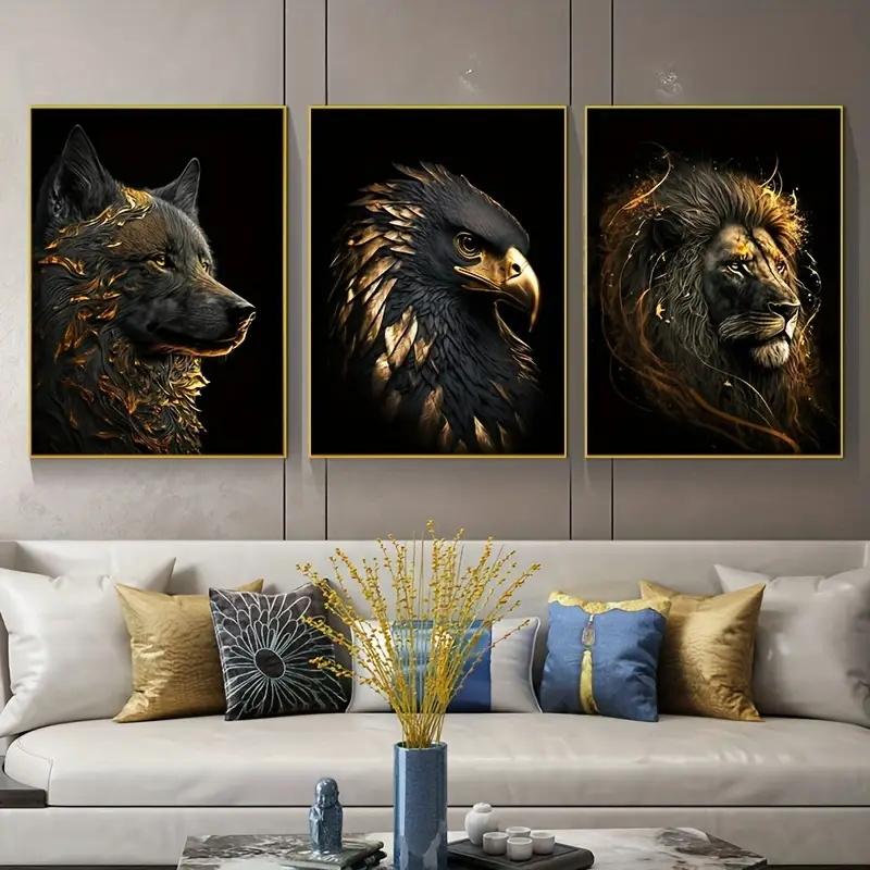 3 pezzi/set Poster Moderno Lupo Dorato Aquila d'Oro Leone Arte da Parete Pittura su Tela Arte per Soggiorno Camera da Letto Decorazione Regalo per Inaugurazione Casa