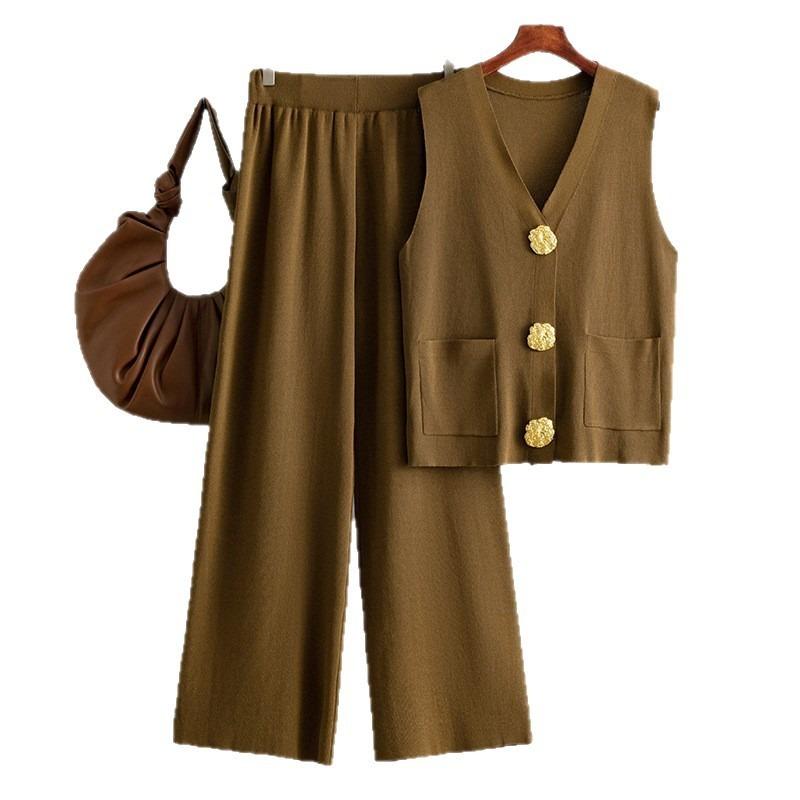 Fashion Suit Women's Summer New Sleeveless Button-knitted Top + Solid Color Casual Wide-leg Pants Two-piece Set