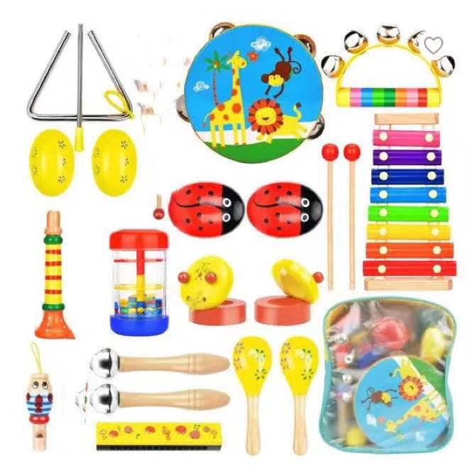 Kids  Orff Percussion Set: Tambourine, Shaker, Triangle, Sand Eggs, Castanets, Rain Stick
