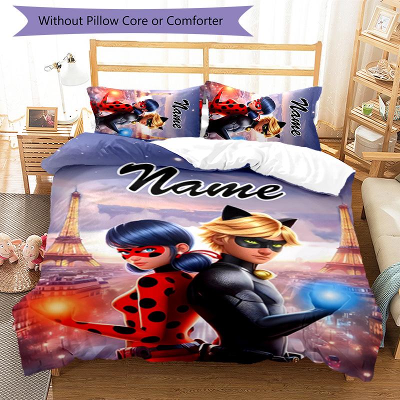 3pcs Ladybug4 Cover Set - Personalized Name, HD Printed Bedding with 1 Cover and 2 Pillowcases - Perfect for Home Decor, Easy Care