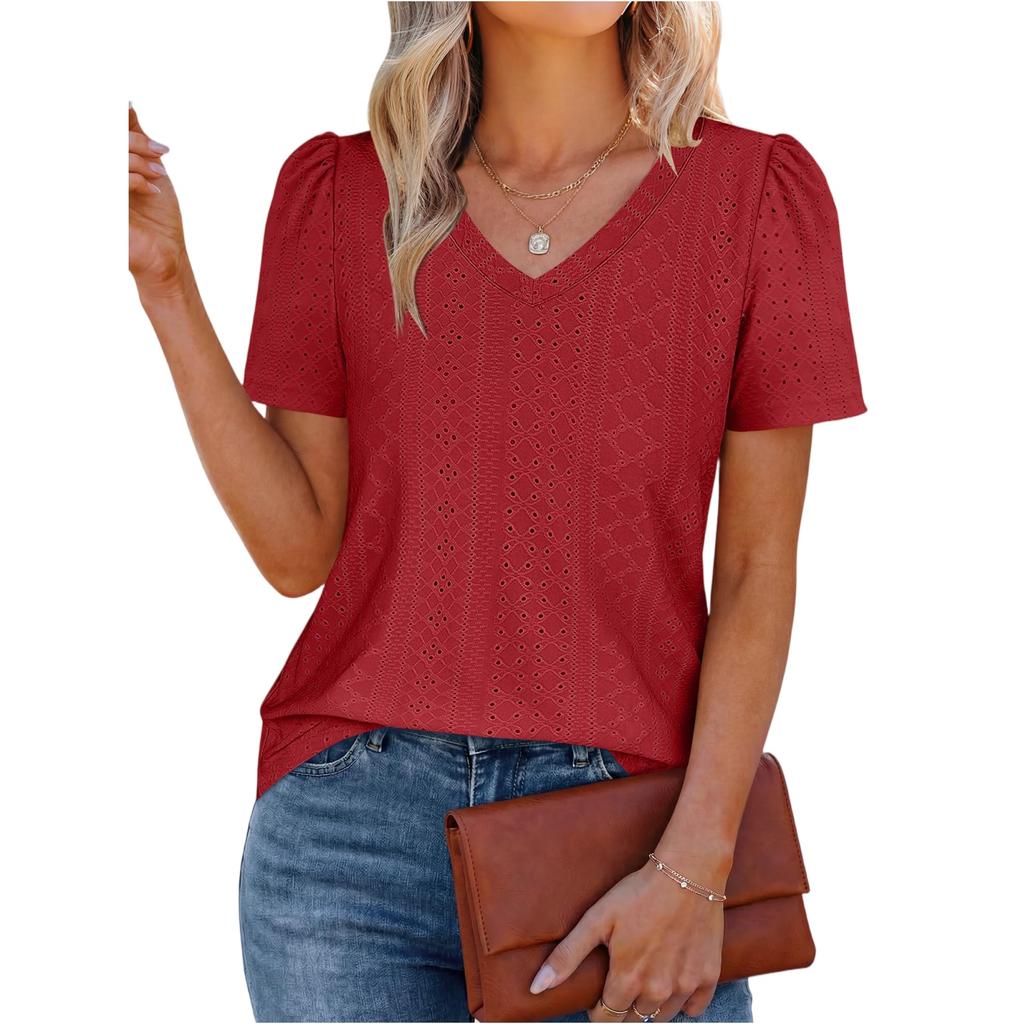 Women's Jacquarded V-neck Top T-shirt Short Sleeve Versatile Hollow Top
