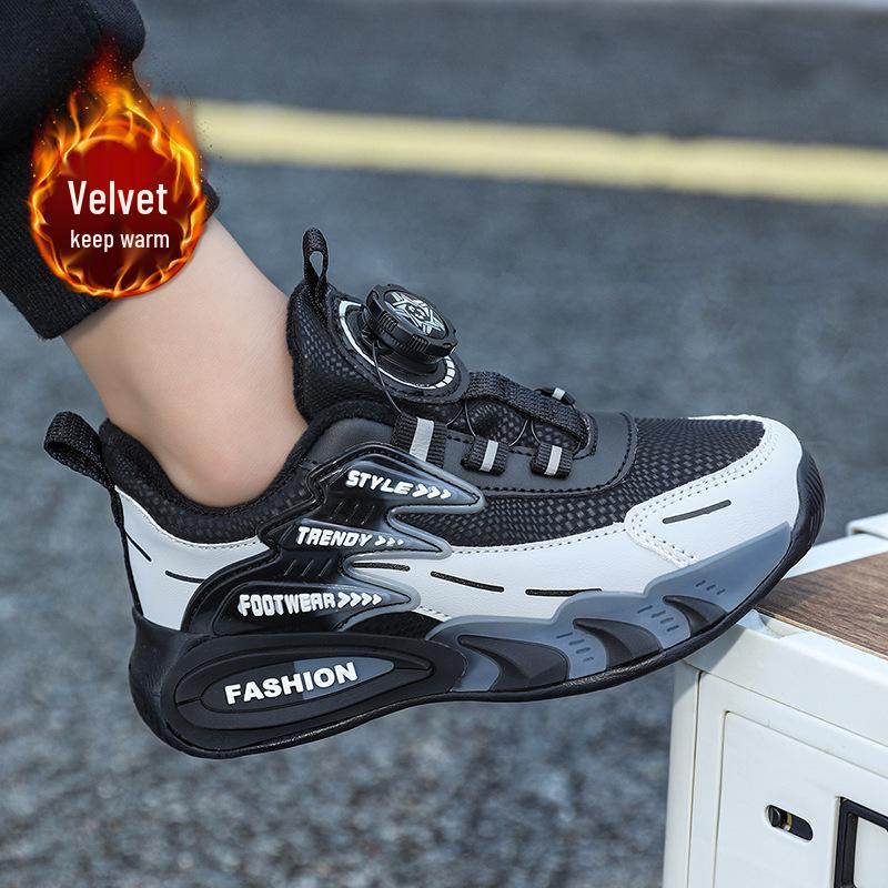 Boys' Winter 2025 Cotton & Velvet Warm Leather Running Shoes