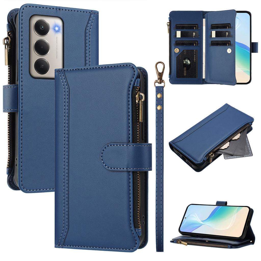 For Xiaomi Redmi 15 4G (EU) (171mm) Leather Case 9 Card Slots Zipper Wallet Stand Phone Cover with Wrist Strap