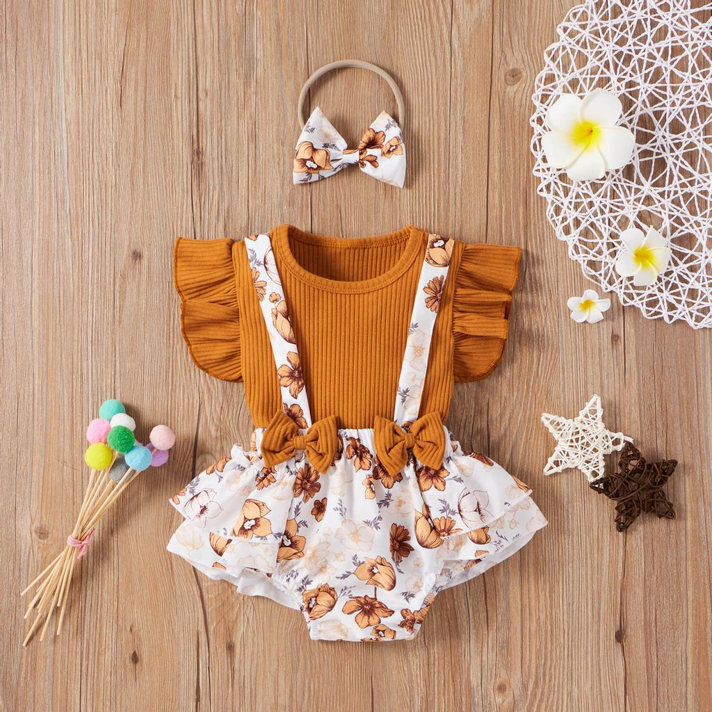 Toddler Baby Girls Solid Tops+Sunflower Floral Printed Suspender Shorts Outfits