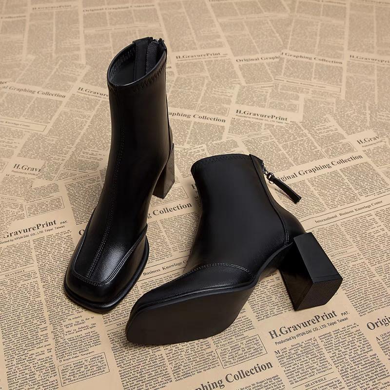 Vintage Thick Heel Women Ankle Boots Back Zippers Autumn Winter Shoes Ladies Elegant Square Toe Short Booties