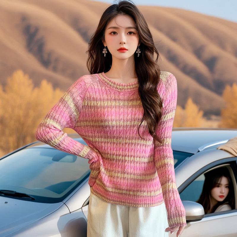 2025 Autumn Korean Tie-Dye Striped Round Neck Pullover Knit Sweater for Women
