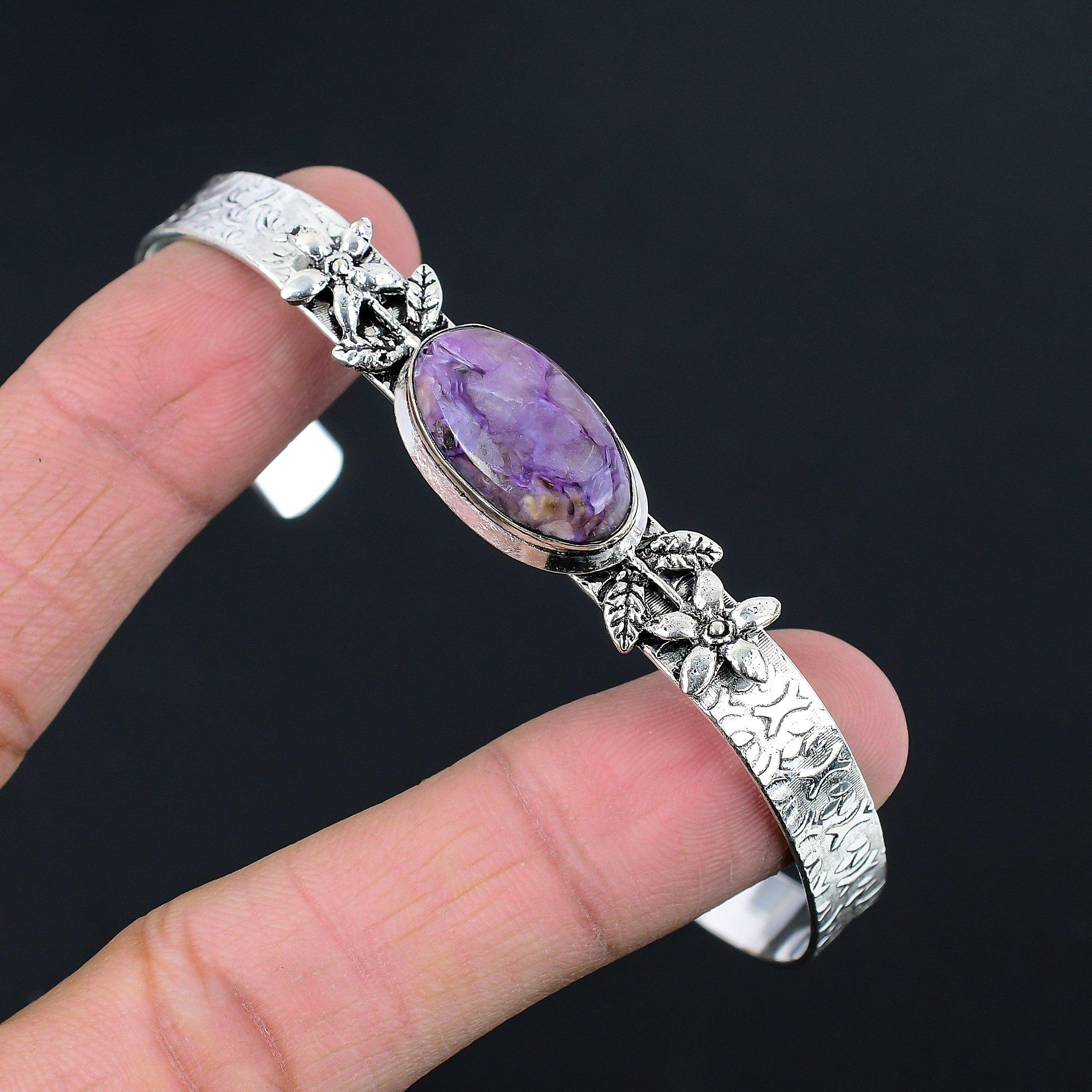 

Sisters Day Deal Charoite Gemstone Elegant Flower New Bangle Jewelry 925 Silver Adjustable
