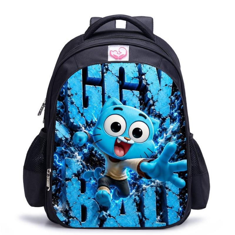 Zaino Scuola per Bambini, Testa Grande Gatto Blu Forrest Gump Scuola di Animazione, Tessuto Oxford Nero Resistente allo Sporco Grande Capacità.