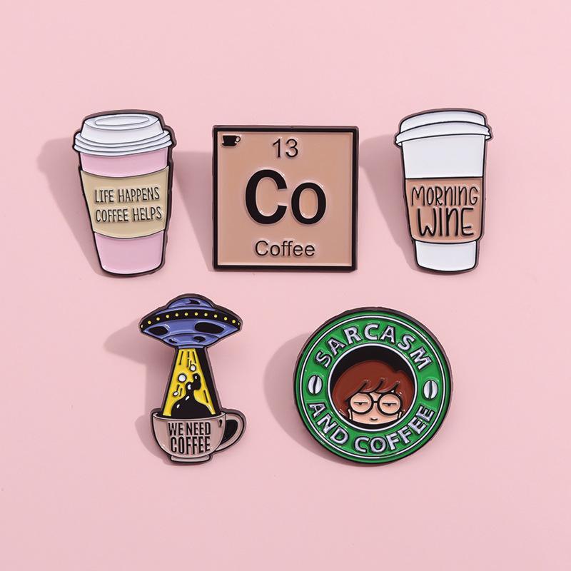 Brooch Alloy Trendy Pin With Charming English Letter Design Inspired By Coffee Cups For Enthusiasts Fashion