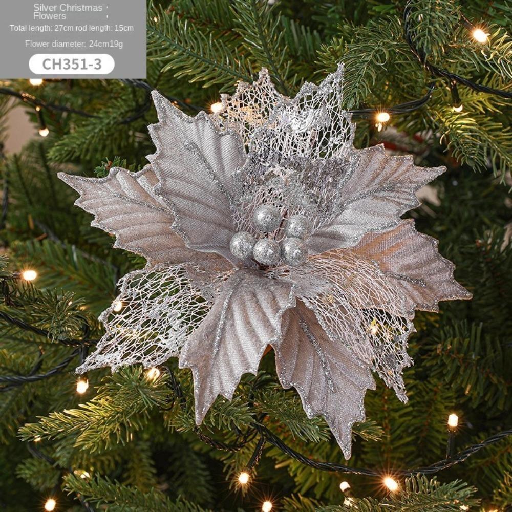 New 24cm Poinsettia Glitter Flower DIY Large Christmas Flowers Wedding Decor Fake Flowers Xmas Tree Decorations