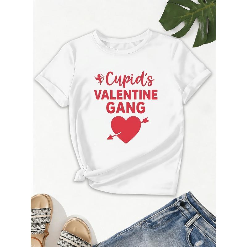 

Women Cupid Valentine Heart Arrow Print T-Shirt Loose Fit Soft Breathable All-Season Daily Summer Casual Top S белый