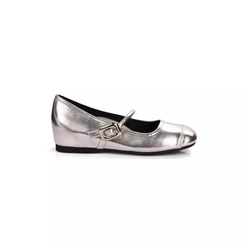 Sheepskin version~ genuine leather French silver light mouth with flat bottom inner height increase Mary Jane jk single shoes women's small leathe