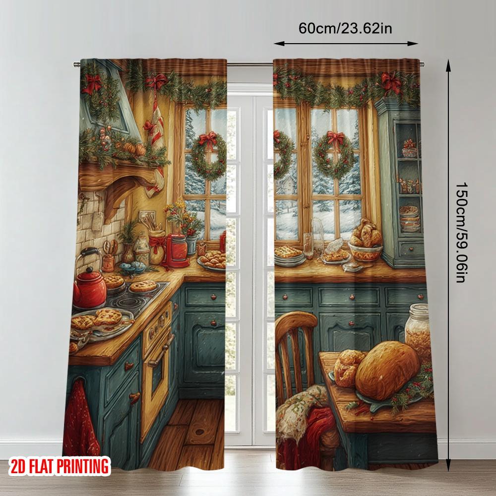 2pcs 2D flat printing Happy Christmas Scene Curtains Christmas Kitchen Scene Cozy Festive Digital Printed Polyester Drapes