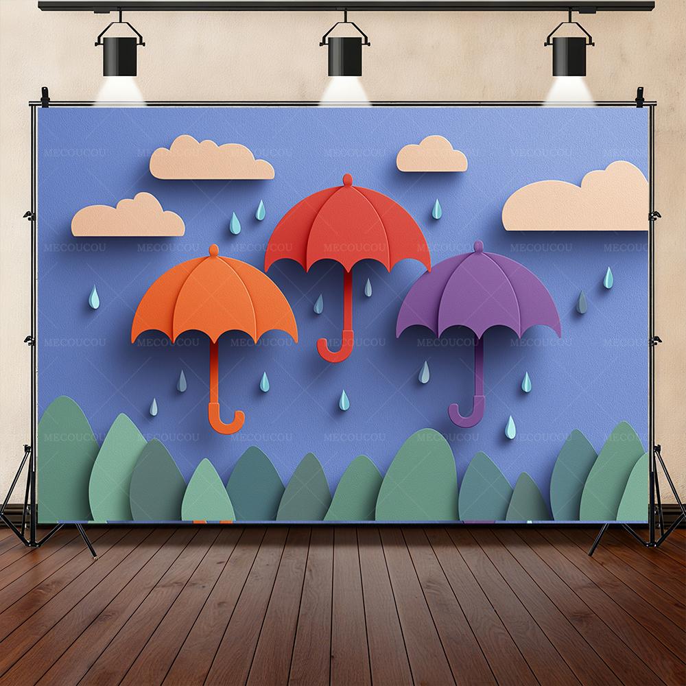 Fondo de banner con tema de gotas de lluvia y paraguas 3D, accesorios para sesión de fotos en estudio, póster de jardín de infantes, accesorios para fiesta de cumpleaños infantil