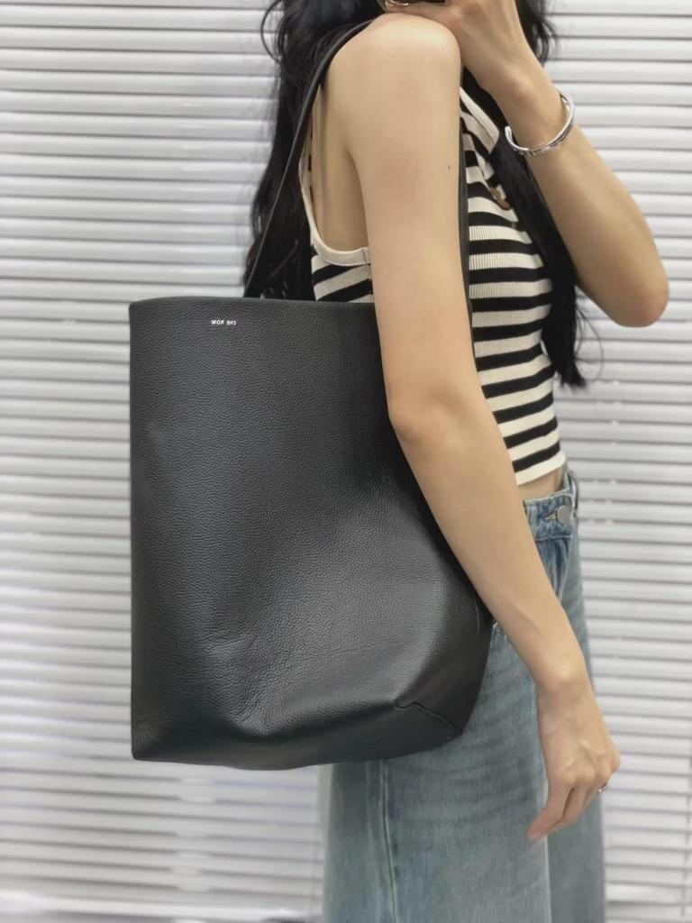 Korean Style Women's Genuine Leather Bucket Bag – Large Capacity Cowhide Shoulder Tote