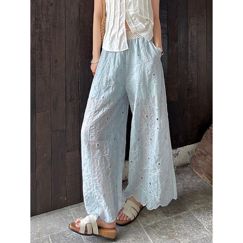 Korean Style Lady's Small New Heavy-Duty Embroidery Stitched Pattern Hollow Lace Straight Pocket Anti-Wrinkle Wide-Leg Cropped Pants