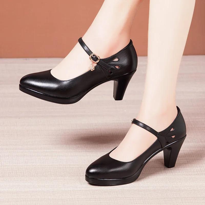 6 8 10cm Small Size 32-43 Shallow Genuine Leather Shoes Women Pumps 2025 Block High Heels Shoes Platform for Office Model Mom