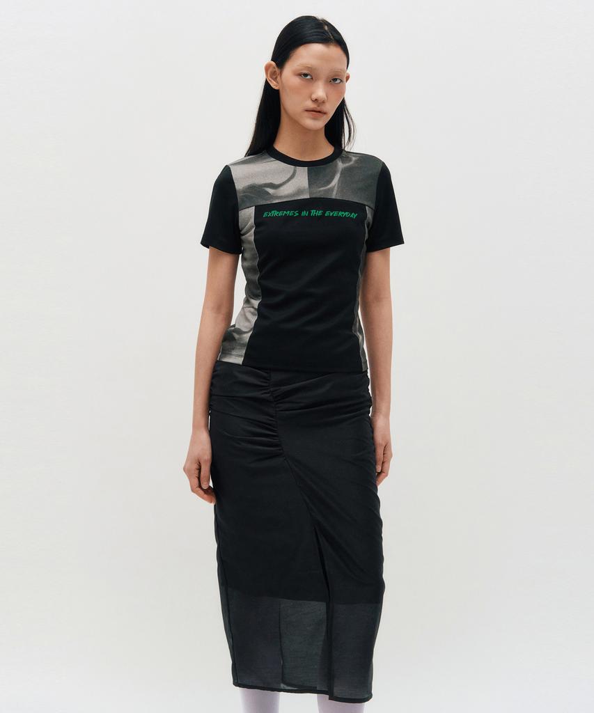 Kimjisu Sheer Shirring Slit Skirt _ Black