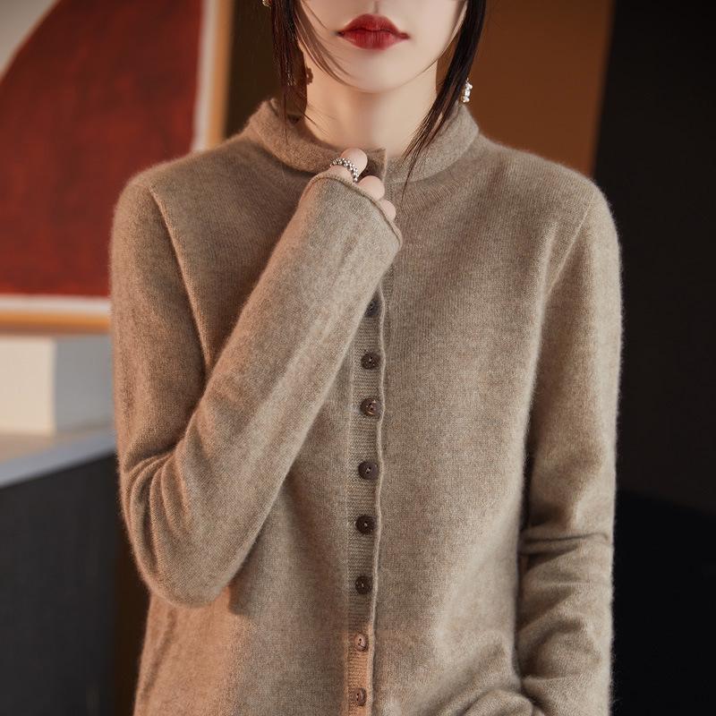 Women's 100% Wool Stand Collar Seamless Cardigan - Loose Knit Long Sleeve Cashmere Coat for Autumn/Winter