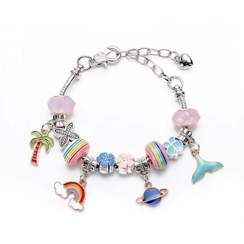 91-Piece Unicorn-Themed DIY Bead Bracelet Kit Kids Alloy Charms With Fruit Animal Leaf Star Shapes Includes Russian English