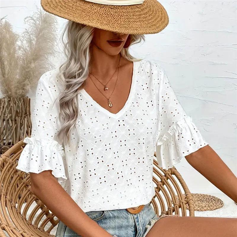 Women's Knitted Embroidered Hollow Ruffle V-neck Short-sleeved Tops Women's T-shirts Women's Spring and Autumn